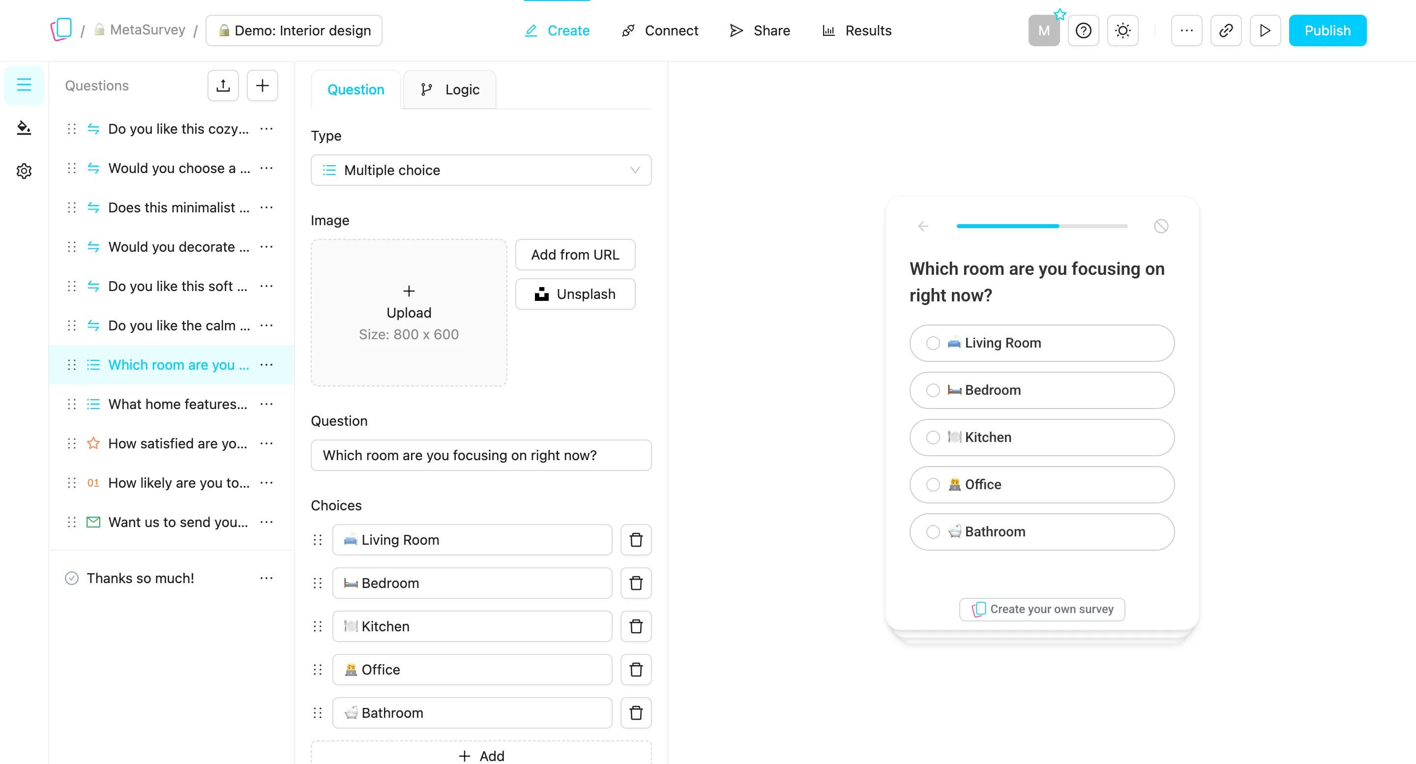 The MetaSurvey builder: a question list and settings next to a live survey preview.