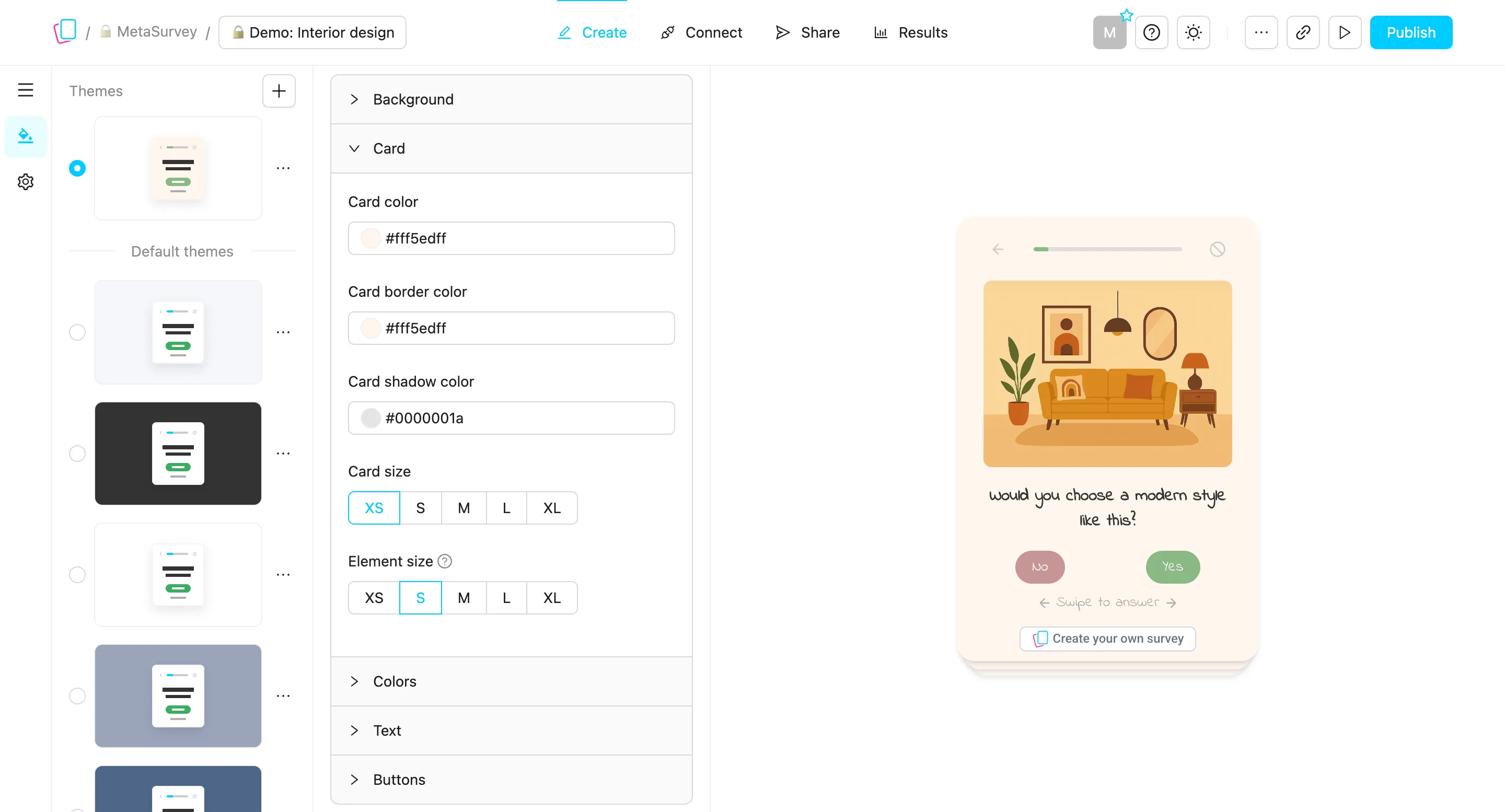 MetaSurvey themes: theme list and card settings next to a live survey preview.
