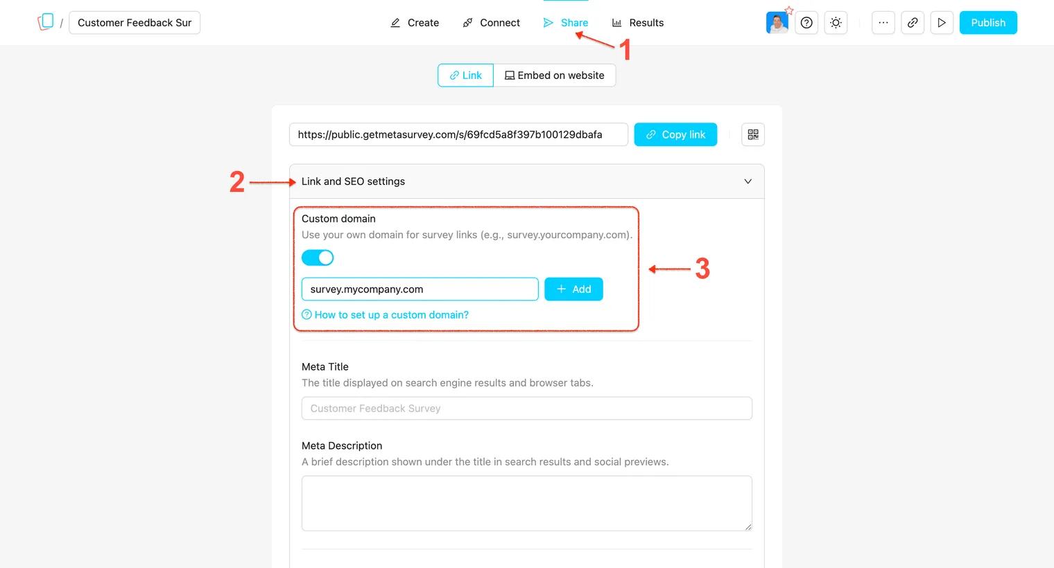Set up a custom domain in MetaSurvey