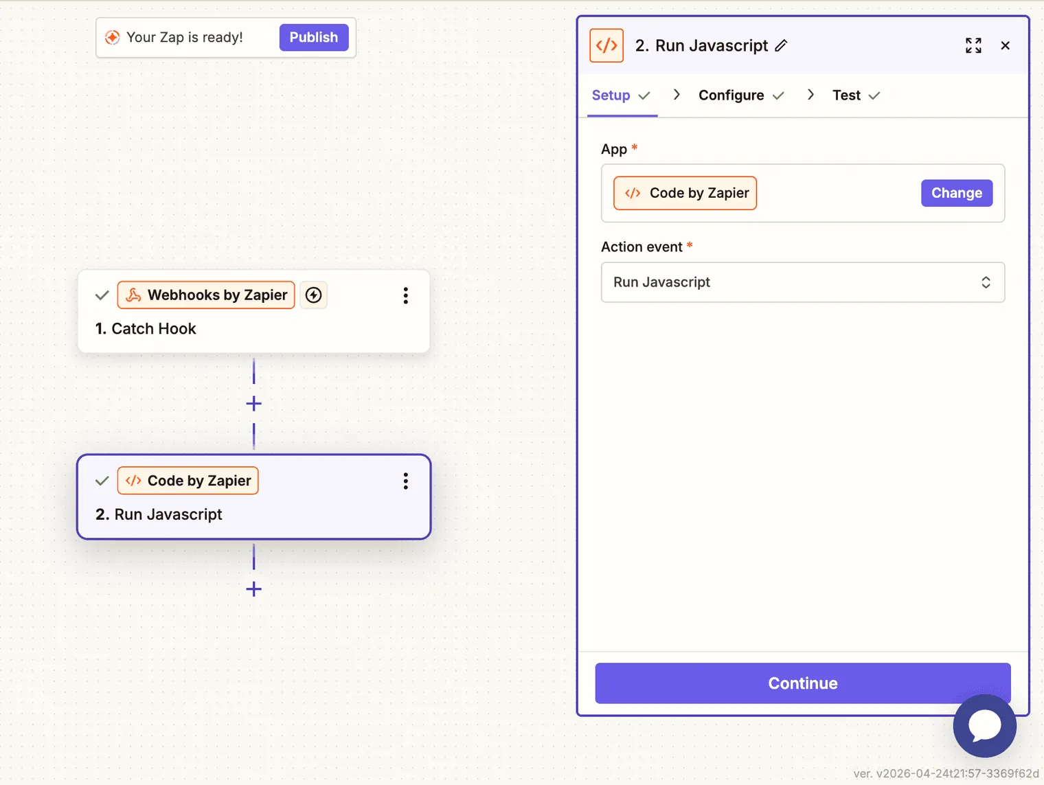 Add the ‘Code by Zapier’ Action