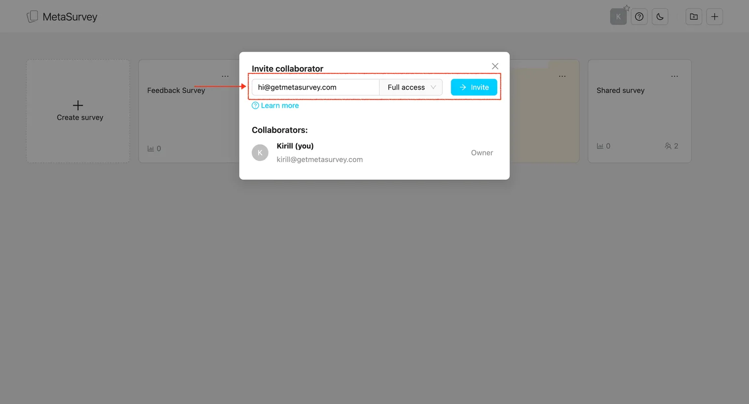 Input collaborator email to invite